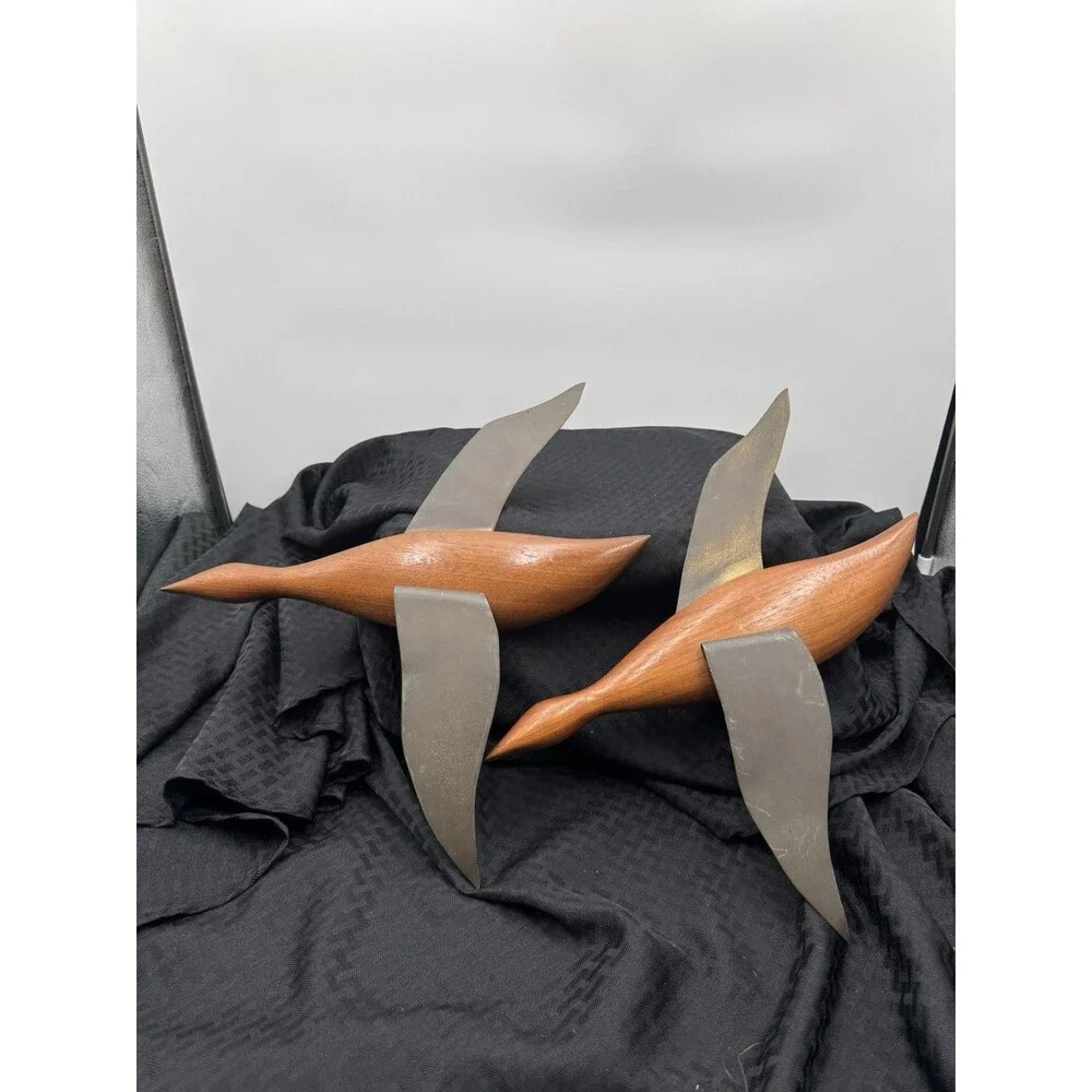 Pair Of Flying Wooden Geese With Metal Wings